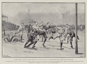 Internationell fotbollsmatch (England v Wales) den 6 januari, på Birkenhead Park, första försöket för England av William Barnes Wollen