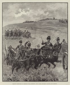 Militära manövrar vid Frensham, nära Aldershot, Royal Horse Artillery galopperar in i position av William Barnes Wollen
