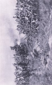 Det 28:e Gloucesterregementet som tar emot franskt kavalleri vid Waterloo 18 juni 1815, illustration från brittiska strider på land och till sjöss, 1915 av William Barnes Wollen