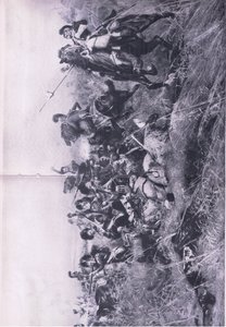 The Black Watch at the Battle of Quatre Bras 16 juni 1815, illustration från brittiska Battles on Land and Sea, 1915 av William Barnes Wollen
