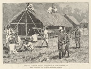 Lushai-expeditionen, Goorkhas bygger en hydda för att förvara sin reservutrustning. av William Barnes Wollen