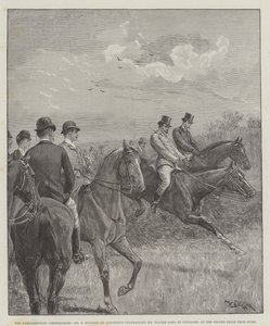 Parlamentets steeplechase, F Mildmay på Discretion överträffar Walter Long på Crusader, på andra sträckan hemifrån. av William Barnes Wollen