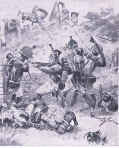 Attacken mot muren i Hougomont: Waterloo 1815, illustration från British Battles on Land and Sea, 1915 av William Barnes Wollen