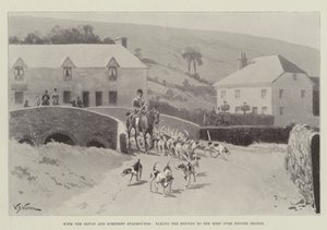 Med Devon och Somerset Staghounds, ta Hounds till mötet över Exford Bridge av William Barnes Wollen