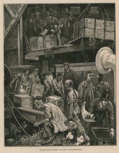Att bryta bulk ombord på ett tefartyg i Londons hamnar (gravyr) av William Bazett Murray