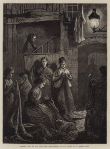 London Life at the East End, säcktillverkning av ljuset från en gatlykta (gravyr) av William Bazett Murray