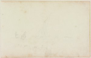 Skiss av fartygsroddbåt och ryttare med linje av hästar (penna på papper (på papper med M746))