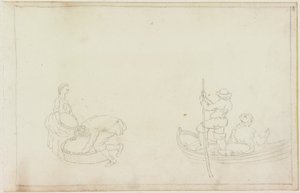 Två pråmar och man och kvinna med korg (penna på papper (på papper med M749)) av William Beilby