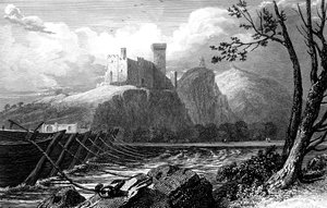 Slottet i Beaucaire och en bro av båtar över Rhône, Frankrike, 1824.