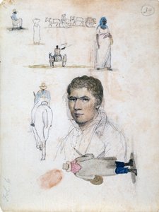 Åtta små teckningar, inklusive porträtt, figurstudier, vagnar, av konstnären William Berryman. av William Berryman