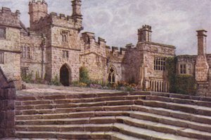 The Lower Courtyard, Haddon Hall (färg litho) av William Biscombe Gardner