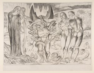 Circle of Thieves: Agnello Brunelleschi attackerad av en sexfotad orm, från Dan..., ca. 1825-27. av William Blake