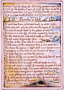 "I samband med att han förgiftade eldar skrev han följande...", text från "The Marriage of Heaven and Hell", c.1790-3 (reliefgrafitering med penn- och akvarellfärg som avslutning) av William Blake