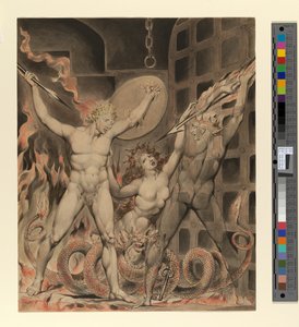 Illustration till Miltons "Det förlorade paradiset": Satan, synden och döden: Satan kommer till helvetets portar (stor version) av William Blake