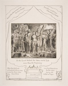 Job och hans fru återställde till välstånd, från Illustrationer av Jobs bok, 1825-26. av William Blake