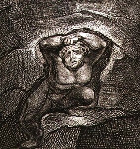 P.439-1985 Earth, He struggles into Life, skylt 3 av "The Gates of Paradise", första puben. den 17 maj 1793 av William Blake