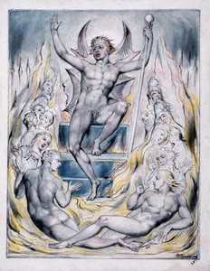 Satan Addressing his Potentates, illustration ur "Paradise Regained" av John Milton, ca 1816-18 (penna  bläck, grå färg och akvarell på papper) av William Blake