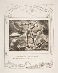 Satan slår jobb med bölder, från illustrationer av Jobs bok, 1825-26. av William Blake