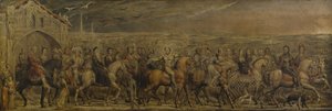 Sir Jeffrey Chaucer (ca 1342-1400) och de nio och tjugo pilgrimerna på deras resa till Canterbury (tempera på duk) av William Blake