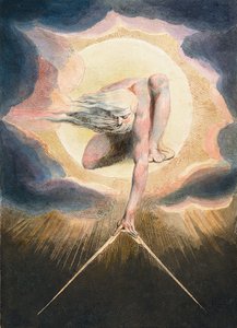 Dagarnas urgamla - Urizen mäter ut den materiella världen - Urizen mäter den materiella världen. Illustration av framsidan av boken "" Europa. Till profetia." Teckning av William Blake (1757-1827) av William Blake