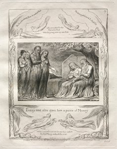 Jobs bok: Pl. 19, Var och en gav honom också en bit pengar, 1825. av William Blake