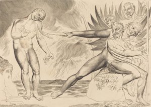 Cirkeln av de korrupta tjänstemännen, djävlarna som plågar Ciampolo, 1827. av William Blake