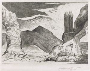 The Circle of the Falsifiers: Dante och Vergilius som täcker sina näsor på grund av stanken, 1827. av William Blake
