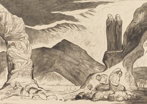 The Circle of the Falsifiers: Dante och Vergilius som täcker sina näsor på grund av stanken, 1827. av William Blake