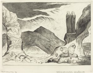 Förfalskarnas cirkel; Dante och Virgil täcker näsan på grund av stanken av William Blake