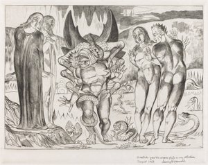 Tjuvarnas krets; Agnolo Brunelleschi attackerad av en sexfotad orm av William Blake