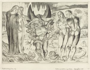 泥棒の輪、6 足の蛇に襲われたアニョロ ブルネレスキ、1827 年。スウェーデン語 av William Blake