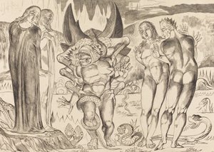 Tjuvarnas cirkel, Agnolo Brunelleschi attackerad av en sexfotad orm, 1827. av William Blake
