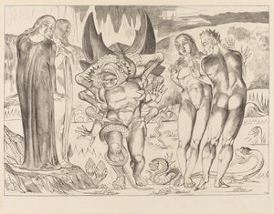 Tjuvarnas cirkel, Agnolo Brunelleschi attackerad av en sexfotad orm, 1827. av William Blake