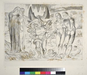 Tjuvarnas cirkel: Agnolo Brunelleschi attackerad av en sexfotad ormsinferno, Canto XXV, illustration till "Den gudomliga komedin" av Dante Alighieri av William Blake