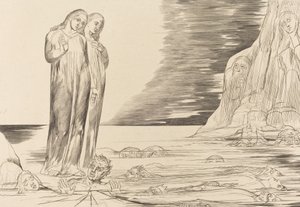 Förrädarnas cirkel, Dantes fot slår Bocca degli Abbate, 1827. av William Blake