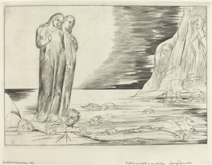 Förrädarnas cirkel, Dantes fot slår Bocca degli Abbate, 1827. av William Blake