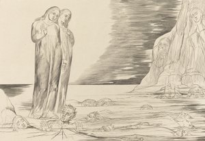 Förrädarnas cirkel, Dantes fot slår Bocca degli Abbate, 1827. av William Blake