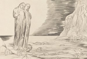 Förrädarnas cirkel, Dantes fot slår Bocca degli Abbate, 1827. av William Blake