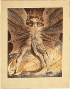 Den stora röda draken och kvinnan klädd med solen (Upp. 12:1-4), ca 1803-05 (svart bläck och akvarell över spår av grafit och inskurna linjer)