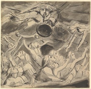 Den sista trumpeten (recto); två studier av ett högeröga, profilen av en ung man med öppen mun, huvudet av en örn och huvudet av ett lejon (verso) av William Blake