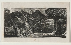 The Pastorals of Virgil, Eclogue I: The Shepherd jagar bort en varg, 1821. av William Blake