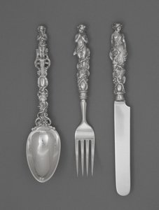 Sæt med børnebestik (kniv, gaffel og ske), ca. 1865-1874 (sølv)sverige av William Bogert