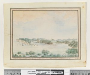 Opp. sid. 123. `Utsikt i Port Jackson från South Head som leder upp till Sydney; Försörjning som seglar in.