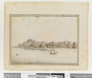 Opp. sid. 19. `Santa Cruz på SE-sidan av Teneriffa; Sirius & Convoy in the Roads. Juni 1787. The Peak Showing in a Gap between two other Mountains