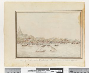 Opp. sid. 37. `Staden St. Sebastians, Rio Janeiro: Sirius och konvojen vid ankaret. 1787
