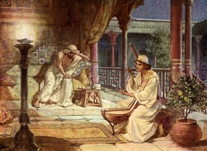 David spelar på harpan för Saul, - Bibeln av William Brassey Hole