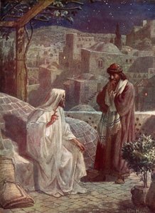 Nikodemus besöker Jesus för att höra hans lära - Bibeln