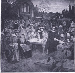 Undertecknandet av det nationella förbundet på Greyfriars kyrkogård 1638, från Cassells History of the British People utgiven av Waverley Book Company Limited, ca 1940. av William Brassey Hole