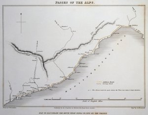 Karta över pass på sjöalperna, kustvägen mellan Genua och Nice, från Illustrationer av de pass i Alperna genom vilka Italien kommunicerar med Frankrike, Schweiz och Tyskland, av William Brockedon (1787-1854), gravyr på koppar, London