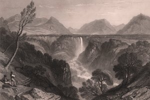 Vy över Marmores fall (Cascata delle Marmore) nära Terni, Umbrien, Italien, stålstick av James Tibbitts Willmore (1800-1863) efter teckning av William Brockedon (1787-1854), cirka 23x18,5 cm